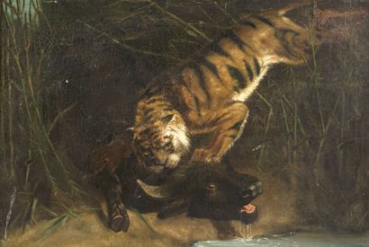  Eugène Delacroix (1798-1863), suiveur de, Tigre chassant, huile sur toile, 90x60... Gazette Drouot