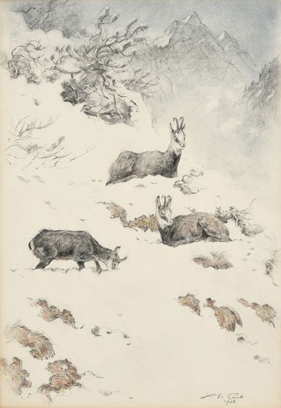  Xavier de Poret (1894-1975), 3 chamois in the snow, 1972, charcoal and watercolor... Gazette Drouot