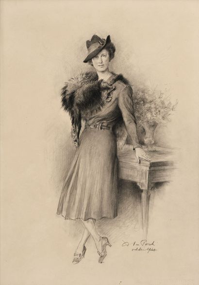  Xavier de Poret (1894-1975), Portrait d'une élégante, 1940, charcoal on paper, signed... Gazette Drouot