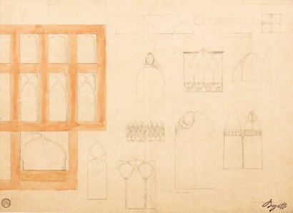 CARLO BUGATTI (1855-1940) Etude de fenêtres Dessin au crayon noir rehaussé d'aquarelle...