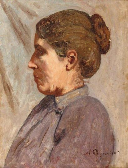 AUGUSTE PÉGURIER (1856-1936) Femme de profil au chignon Huile sur toile signée en...