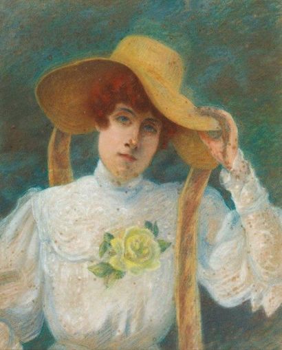 AUGUSTE PÉGURIER (1856-1936) Femme au chapeau de paille Pastel. 66 x 55,5 cm (pi...