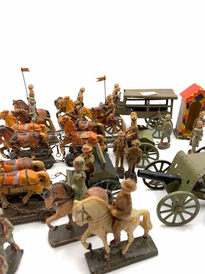 Toy box containing sentries, horses and various...