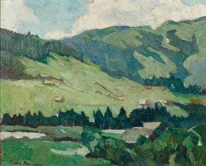 BESSIE ELLEN DAVIDSON (1879-1965) «Paysage à la vallée» Huile sur panneau Signée...