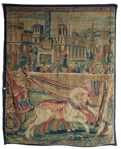 FRAGMENT DE TAPISSERIE 
Fragment of a tapestry
with polychrome decoration representing...