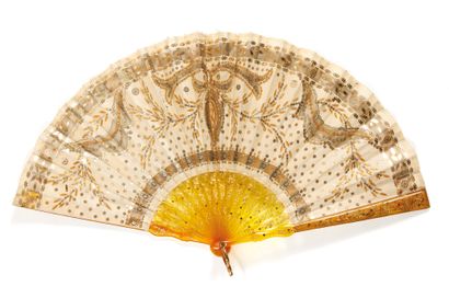 Éventail, Fan, 

Romantic period, blond tortoiseshell frame with gold and steel stitching,...