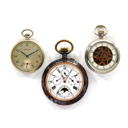 Lot de 3 montres de poche Lot de 3 montres de poche 

en métal, MOERIS cadran peint...
