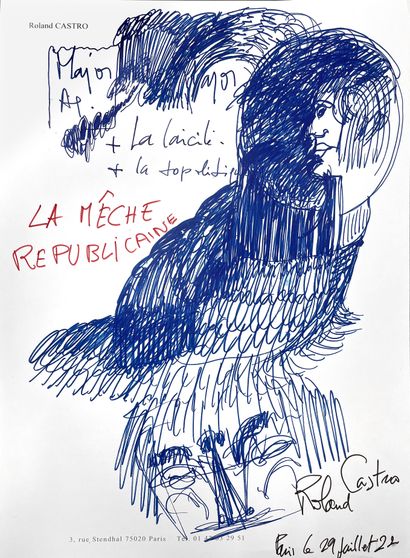 Roland CASTRO "La mèche républicaine" Dessin - 2022 - 29,7 x 42 cm