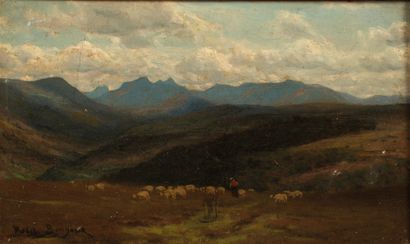 Rosa BONHEUR (1822-1899) Rosa BONHEUR (1822-1899)
Moutons et berger dans les alpages
Huile...