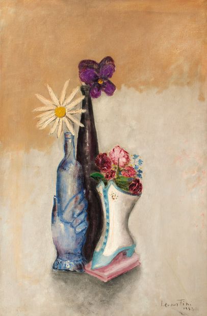 Léonor FINI (1908 - 1996) Leonor FINI (1908 - 1996)
Vase of flowers with a boot,1933
Oil...