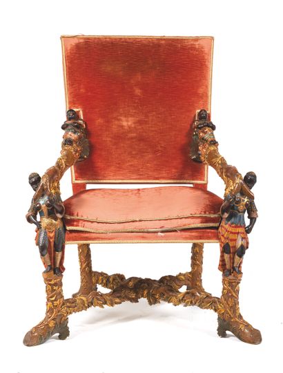 null Pair of large armchairs
in gilded, lacquered and polychrome wood, decorated...