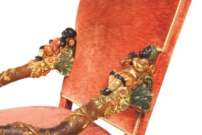 null Pair of large armchairs
in gilded, lacquered and polychrome wood, decorated...