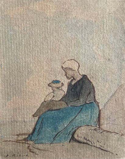 null Théodule Ribot (1823-1891) 
- Mère et son enfant - 
Encre, crayon et aquarelle...