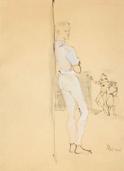  Christian BERARD (1902-1949)
Jeune homme adossé en blanc.
Encre et gouache signée... Gazette Drouot