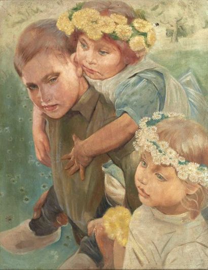 PAUL RINK (1862-1903) Les trois enfants Huile sur toile 49.5 x 40.5 cm (accident...