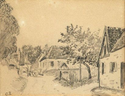 CAMILLE PISSARO (1831-1903) Attelage dans un village Dessin au crayon et lavis monogrammé...