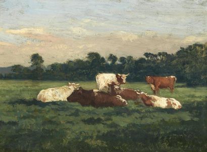 EUGENE BOUDIN (1824-1898) Vaches au pré Huile sur toile signée en bas à gauche 24...