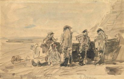 EUGÈNE LOUIS BOUDIN (1824-1898) Pecheurs et leur barque Lavis et aquarelle signé...