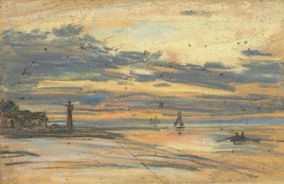 EUGÈNE LOUIS BOUDIN (1824-1898) Honfleur, barque et voiliers à marée basse Pastel,...