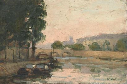 ALBERT LEBOURG (1849-1928) La Seine à Paris Huile sur toile signée en bas à droite...