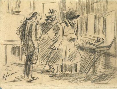 JEAN-LOUIS FORAIN (1852-1931) Chez le galeriste Dessin au fusain signé en bas à gauche...