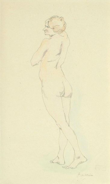 JULES PASCIN (1885-1930) Le modèle nu Dessin au crayon et réhaut d'aquarelle, signé...