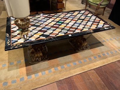 null Carved and gilded wood coffee table with rhombus scagliole top on two foliate...