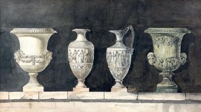CHARLES PERCIER (PARIS 1764 - 1836) Quatre vases d'après l'Antique posés sur un muret...