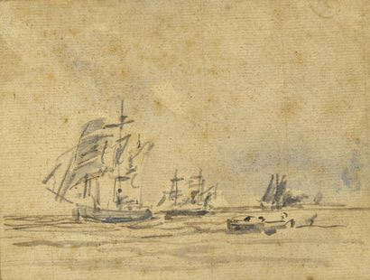 Eugène BOUDIN (1824-1898) Les voiliers Aquarelle et traits de crayon 9 x 12 cm (...