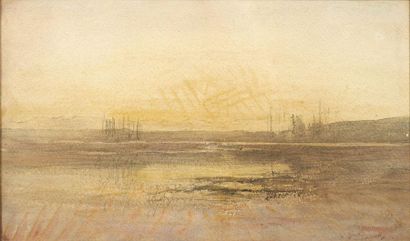 François-Auguste RAVIER (1814-1895) Coucher de soleil au bord de l'étang Aquarelle...
