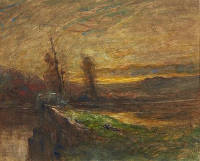 François-Auguste RAVIER (1814-1895) Coucher de soleil: rochers au bord du lac Aquarelle...