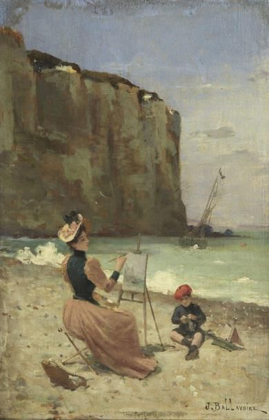 Jules Frederic BALLAVOINE (Vers1855-1901) Mere à son chevalet et son enfant, aux...