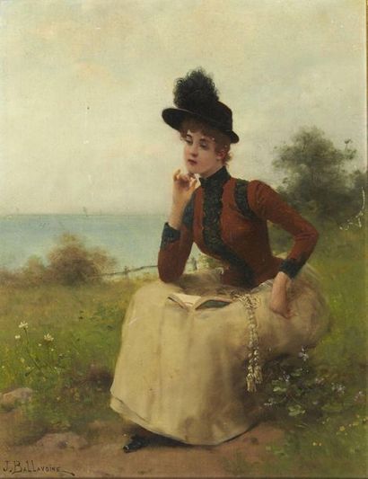 Jules Frederic BALLAVOINE (Vers1855-1901) Jeune femme lisant dans un paysage maritime...