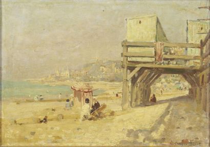 Georges Jules Ernest BINET (1865-1949) Scène de plage Huile sur panneau signée en...