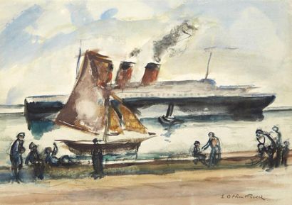 ACHILLE-EMILE OTHON FRIESZ (1879-1949) Arrivée du Normandy au Havre Aquarelle signée...
