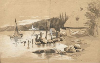 Eugène BOUDIN (1824-1898) Chaumière et petits voiliers au bord de l'eau, circa 1846...