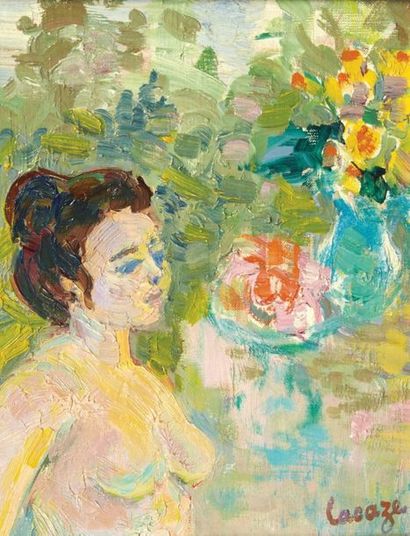 Germaine LACAZE (1908-1994) Petit nu au jardin, 1970 Huile sur toile signée en bas...