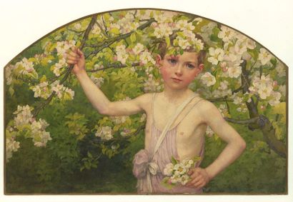 Elisabeth SONREL (1874-1953) Enfant sous le pommier en fleurs Aquarelle signée en...