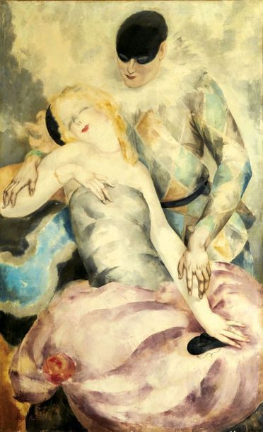 Micao KONO (1876-1954) Arlequin et Colombine, 1929 huile sur PAPIER MAROUFLE signée...