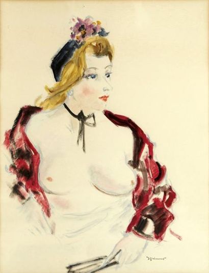 André DIGNIMONT (1891-1965) Buste de femme nue au chale rouge Aquarelle, cachet de...