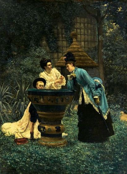Auguste-Alexandre HIRSCH (1833-1912) Deux femmes et enfant dans un jardin japonisant...