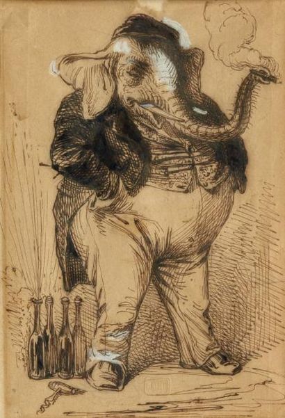 J. J. GRANDVILLE (1803-1847) L'éléphant bourgeois Encre de Chine et réhauts de gouache...