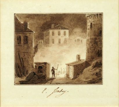 Louis Gabriel Eugène ISABEY (1803-1886) L'incendie Lavis brun, annotation E. Isabey...