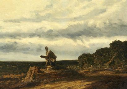 Georges MICHEL (1763-1843) Paysage au moulin Huile sur toile 46 x 64 cm (Restaurations,...