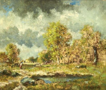 Narcisse Virgile DIAZ de LA PENA (1807-1876) Paysage à l'étang Huile sur panneau...