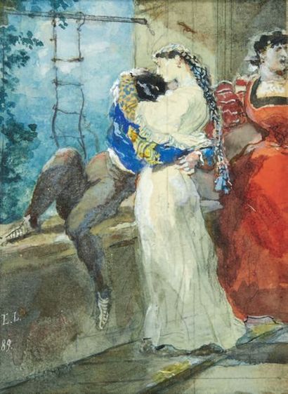 Eugène LAMI (1800-1890) Roméo et Juliette
Crayon, aquarelle
15 x 10,8 cm
Monogrammé...