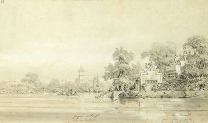 Auguste BORGET (1809-1877) Pagode et temple près de Canton
Crayon noir, aquarelle...