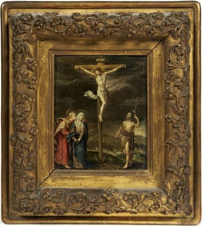 Ecole Flamande du début du XVII° siècle Le Christ en croix, la Vierge et saint Jean,...