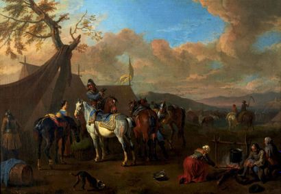 ENTOURAGE DE PIETER VAN LAER (1599-1642) Groupe de cavaliers au bivouac
Huile sur...