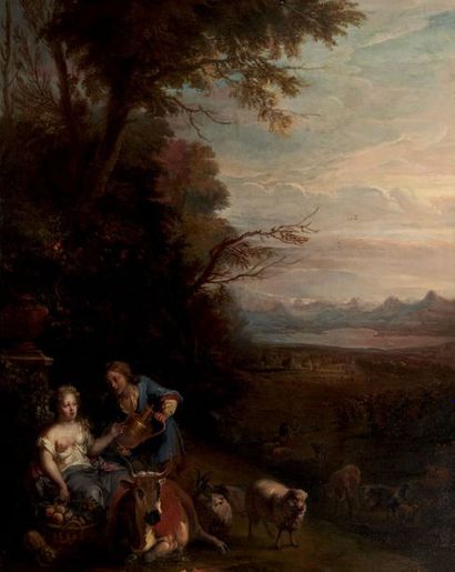ATTRIBUÉ À MICHEL CARREE (1657- 1727) Couple de bergers et leur troupeau dans un...